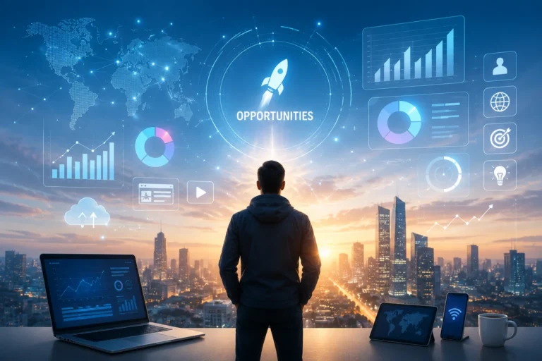 صورة ملهمة تظهر شخصًا يتطلع إلى مستقبل رقمي مليء بالفرص، مع وجود رسومات بيانية وأجهزة رقمية في الخلفية_png